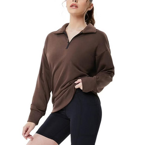 Women's <b>Brown</b> Asymmetric Zipper Long Sleeve Sweatshirt Knitted Spandex Polyester Casual Turn-down Collar Autumn Wear - Product Image 5