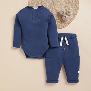 Premium Quality Organic Bamboo Elastane Long Sleeve Bodysuit With Drawstring Leggings - Navy - Product Image 1
