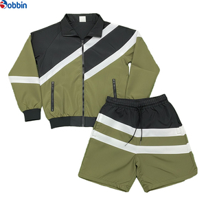 Conjunto Deportivo Unisex de Verano con Bloques de Color, Chaqueta y Pantalones Cortos, Verde Oliva, Negro, Blanco, Rayas, Ropa de Otoño - Product Image 1