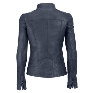 Veste de motard classique noire pour femme en cuir véritable, col montant, manches longues, fermeture éclair, couleur unie, veste de motard d'hiver - Product Image 2