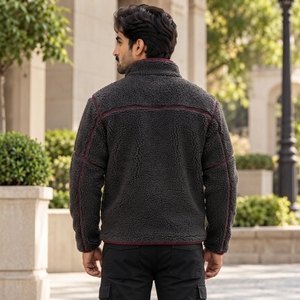 High Collar Side Pockets Elastic Cuffs <b>Men</b>’s <b>Sherpa</b> Puller <b>Fleece</b> Zip-Up Jacket Made With Soft Polar <b>Fleece</b> Fabric Full Front - Product Image 2
