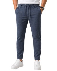 Men Steel Blue Slim Fit Casual Jogger Pants Elastic Waist <b>Drawstring</b> <b>Trousers</b> Soft Fabric Comfortable Daily Wear Stylish Look - Product Image 1