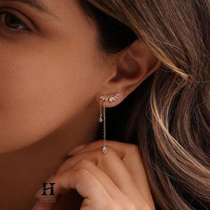 Marquise Cut Lab Grown Diamond Ear Climber <b>Earrings</b> 14K <b>Gold</b> Long Chain Pear <b>Dangle</b> Drop <b>Earring</b> - Product Image 4