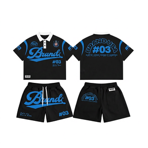 ชุดเสื้อโปโลและกางเกงขาสั้นสีแดงสำหรับผู้ชาย # 03 เสื้อผ้าสตรีทแวร์ลำลองสำหรับฤดูร้อน ชุดเข้าชุดกัน ดีไซน์พิมพ์ลายตัวอักษร - Product Image 2