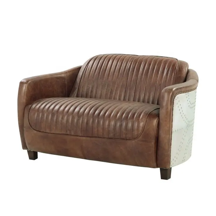 Vintage Style Aviator Airplane Tufted Genuine Leather Loveseat Modern Two Seater Lounge Sofa for Living Room