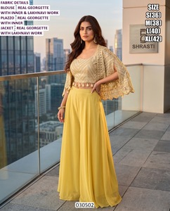 Conjunto de Blusa Amarilla de Georgette Bordada con Dupatta Bhandhani y Chaqueta Palazzo Larga - Secado Rápido y Protección Solar para Mujer - Product Image 1