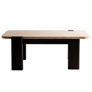 ชุดโต๊ะกาแฟทรงสี่เหลี่ยมหน้าท็อปหินอ่อนทราเวอร์ทีนขอบโค้ง พร้อมฐานไม้เนื้อแข็งอะคาเซียแกะสลักด้วยมืออย่างหรูหรา ลายไม้ธรรมชาติ - Product Image 2