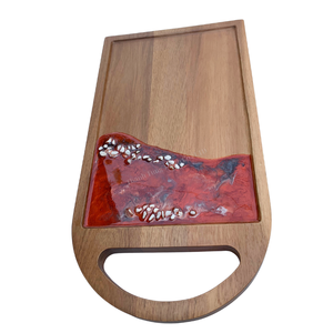 Plateau de service en bois avec incrustation de résine rouge, motif abstrait, finition polie, poignée, pour usage en cuisine, fabriqué au Vietnam - Product Image 6