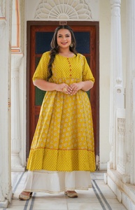 Kurti Anarkali en coton lurex à manches courtes pour femme, grande taille, col rond, imprimé floral, coupe évasée, tenue décontractée, couleur moutarde - Product Image 4