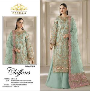 Ensemble indien pakistanais en mousseline brodée, avec broderie Khatli riche, comprenant un haut long, un dupatta et un pantalon intérieur, réversible, anti-humidité, pour mariage - Product Image 2
