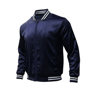 Men's Navy Blue Satin Bomber Jacket Regular Fit Zipper Closure Turn-<b>down</b> Collar Casual Autumn Wear - Product Image 1
