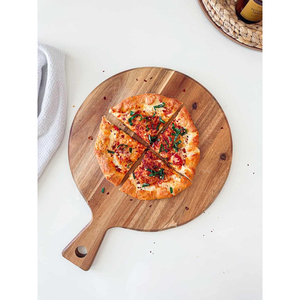 Pala para Pizza y Tabla de Servir Redonda de Madera de Acacia Hecha a Mano con Asa para Hornear y Cortar, Accesorios de Cocina - Product Image 5
