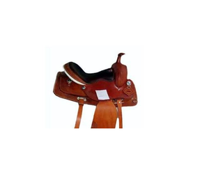 Silla de montar western de cuero marrón con asiento de gamuza negra, estribos metálicos y conchos de estrella, de 10 a 18 pulgadas - Product Image 2