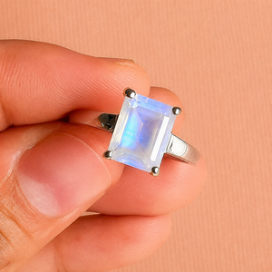 Wholesale Women's Romantic Rhodium Plated Moonstone <b>Ring</b> Sterling <b>Silver</b> <b>Emerald</b> Cut Prong Setting Solitaire Anniversary Party - Product Image 1