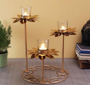 Brass <b>Candle</b> Stand Set With <b>Flower</b> Design Three Tier Metal Holder For Home Decoration - Product Image 1