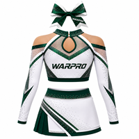 Ensemble d'uniformes de cheerleading WARPRO vert et blanc avec strass, impression par sublimation, haut court à manches longues et jupe pour femmes adultes