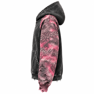 Unisex Oversized Hooded Zip-Up <b>Sweatshirt</b> Raglan Sleeve Leopard Print <b>Pink</b> Black Distressed Streetwear Autumn Wear - Product Image 4