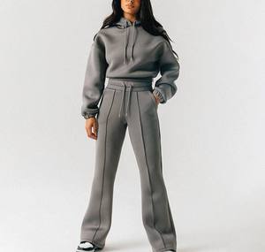 Custom Logo Casual Jogging Women Suit Blank Oversized Cropped Hoodie and Wide Leg Flare Jogger Sweat Pant 2 Piece Women <b>Set</b> - Product Image 1