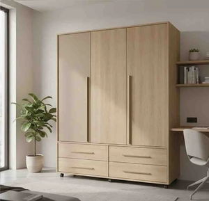 Large modular grey wood grain wardrobe <b>unit</b> with white contrast doors, overhead storage, and open <b>side</b> shelving with drawers. - Product Image 2
