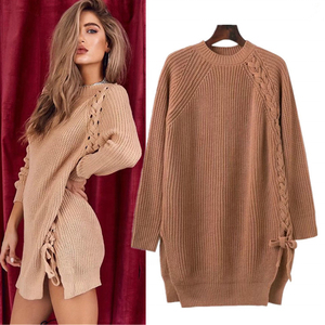 <b>Woolen</b> Knitted Sweater <b>Dress</b> Crew Neck Long Sleeve Lace Up Bow Midi Pullover - Product Image 6