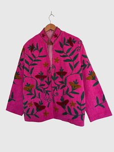 Veste à col mandarin brodée de fleurs roses, manches longues, grande taille, vêtements d'automne pour femmes, style Prairie Chic, en coton - Product Image 3