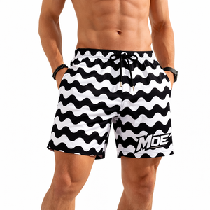 Shorts de sport pour hommes à motif vague blanc et noir, légers en polyester, pour l'entraînement en salle de sport, vente en gros, approvisionnement en vrac - Product Image 1