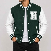 Vestes Varsity Vertes pour Hommes Style Preppy Logo H Brodé Col Revers Coupe Classique Vêtement d'Automne Coton Polyester