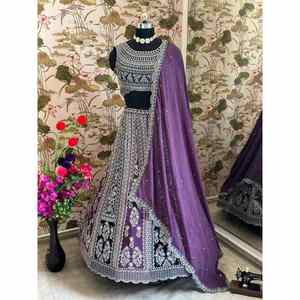 TENDANCE GEORGETTE BRODERIE SEQUENCE TRAVAIL LEHENGA CHOLI AVEC DUPATTA VIOLET - Product Image 1