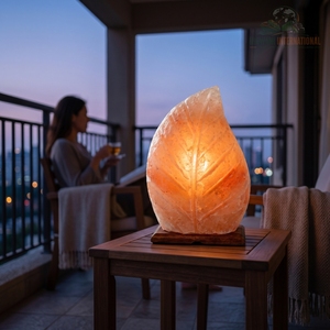 Lámpara de Sal del Himalaya Tallada a Mano, Lámpara de Mesa con Forma de Hoja de Sal de Cristal Rosa Natural, con Cable Regulador de Intensidad y Base de Madera - Product Image 5