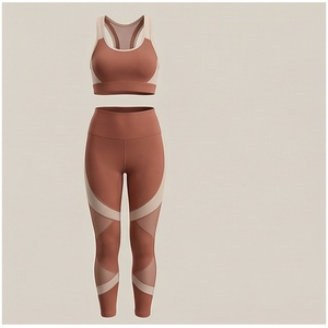 Conjunto de yoga de 2 piezas para mujer: leggings de cintura alta, top deportivo con espalda cruzada y bloques de color en malla, ideal para el gimnasio. - Product Image 1