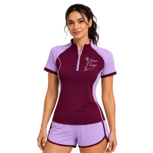 Burgundy And Lilac Womens Half <b>Zip</b> Sports T Shirt And <b>Shorts</b> Set Quick Dry <b>Short</b> Sleeve Activewear Fitness Gym Tennis Outfit - Product Image 1