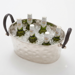 Luxury Hammered Stainless Steel Oval <b>Ice</b> Bucket With Dark Leather Handles Party Wine Beer Beverage Tub For Wedding & Party - Product Image 3