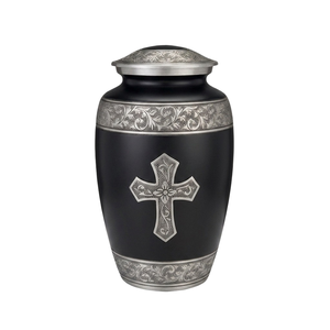 Urne funéraire en métal pour adulte avec une belle gravure en forme de croix, finition argentée et violette, en aluminium, pour cendres humaines. - Product Image 3