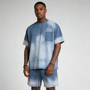 Men's Short Sleeve Tee and Shorts <b>Set</b> Heavyweight Cotton <b>Spray</b> Dye Vintage Wash Chest Pocket Loose Fit Casual Streetwear Summer - Product Image 3