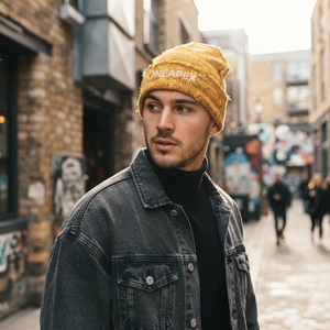 Bonnet en tricot jaune moutarde vieilli pour homme, avec revers, imperméable, hiver, unisexe, streetwear, bonnet ajusté, logo personnalisé, 100% acrylique - Product Image 5
