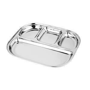 BB Steel Plat rectangulaire simple paroi, finition martelée, type Bhojan Thali, assiette de dîner compartimentée / plateau de service, argent, pour camping - Product Image 3