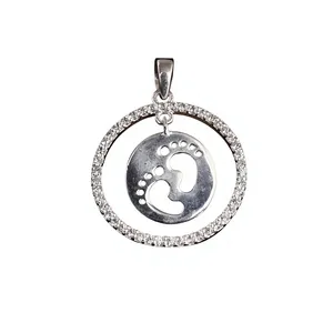 925 Sterling <b>Silver</b> <b>Baby</b> Feet Pendant With Cubic Zirconia Circle Frame Classic Themed Charm Keepsake New Mom Personalized Gift - Product Image 1