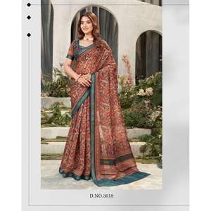 SAREE IMPRESO DIGITAL ALGODÓN TRADICIONAL CON BLUSA DESCOSADA CAFÉ - Product Image 1