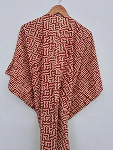 Vestido Kaftán Maxi de Algodón con Estampado Geométrico Contemporáneo, Ropa de Playa Bohemia para Mujer, Cuello en V Profundo, Manga Corta - Product Image 2