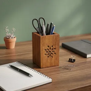 Wooden Pen Holder Stand Pencil Cup Makeup Brush Holder <b>Desk</b> <b>Organizer</b> Office Table Storage Decorative Wooden Stationery - Product Image 3