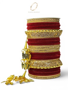 Hot Selling Wine Red Velvet Bridal <b>Wedding</b> Bangles Set Premium Gold Plated Hanging Bells at Wholesale Price for Women - Product Image 1