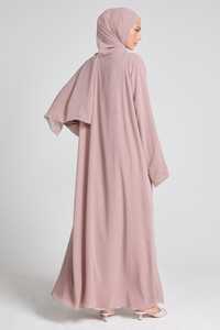 Elegant Dusty Pink Embroidered <b>Abaya</b> With Matching Hijab For Women Modest Floor Length Long Sleeve Viscose Dress - Product Image 4