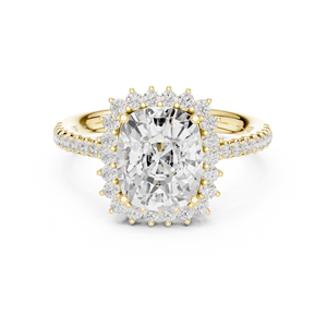 Bague de fiançailles en or jaune avec halo de diamants ovales cultivés en laboratoire et bande pavée, bijoux de mariage pour femmes - Product Image 1