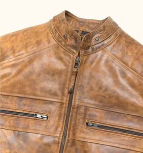 PIHA SPORTS Men's Genuine Leather Varsity Jacket Stand Collar Regular Fit Winter Biker Style <b>Covered</b> <b>Button</b> Closure Brown Washed - Product Image 4