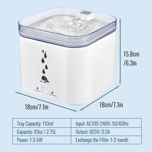 Fontaine à eau pour animaux de compagnie ultra-silencieuse blanche 93 oz/2,75 L, distributeur d'eau automatique pour chats et chiens facile à nettoyer, fournitures pour petits animaux - Product Image 2