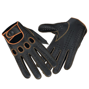 Leather Motorbike <b>Driving</b> <b>Gloves</b> Black With Orange Stitching Breathable Sporty Style Wrist Length For Outdoor Use - Product Image 3