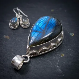 Sterling Silver Blue Fire Labradorite Indian Handmade Jewelry Set Teardrop Pendant Earrings Natural Gemstone Bohemian Women Gift - Product Image 3