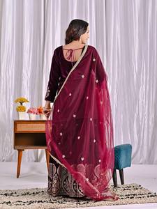 Velvet Embroidered Women Salwar Kameez Set with <b>Net</b> Dupatta Sleeveless <b>Top</b> Quick Dry Traditional Indian Outfit for Wedding Party - Product Image 6