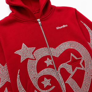 Khumbro <b>Red</b> Hooded Sweatshirt Rhinestone Heart Star Design Regular Fit Men Casual Winter French Terry 100% Cotton Hoodie - Product Image 6