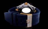 Luxuriöse Herren-Mechanikuhr mit Gelbgoldgehäuse, Kautschukarmband, Saphirglas, Chronograph, Analogzifferblatt und Polygonform